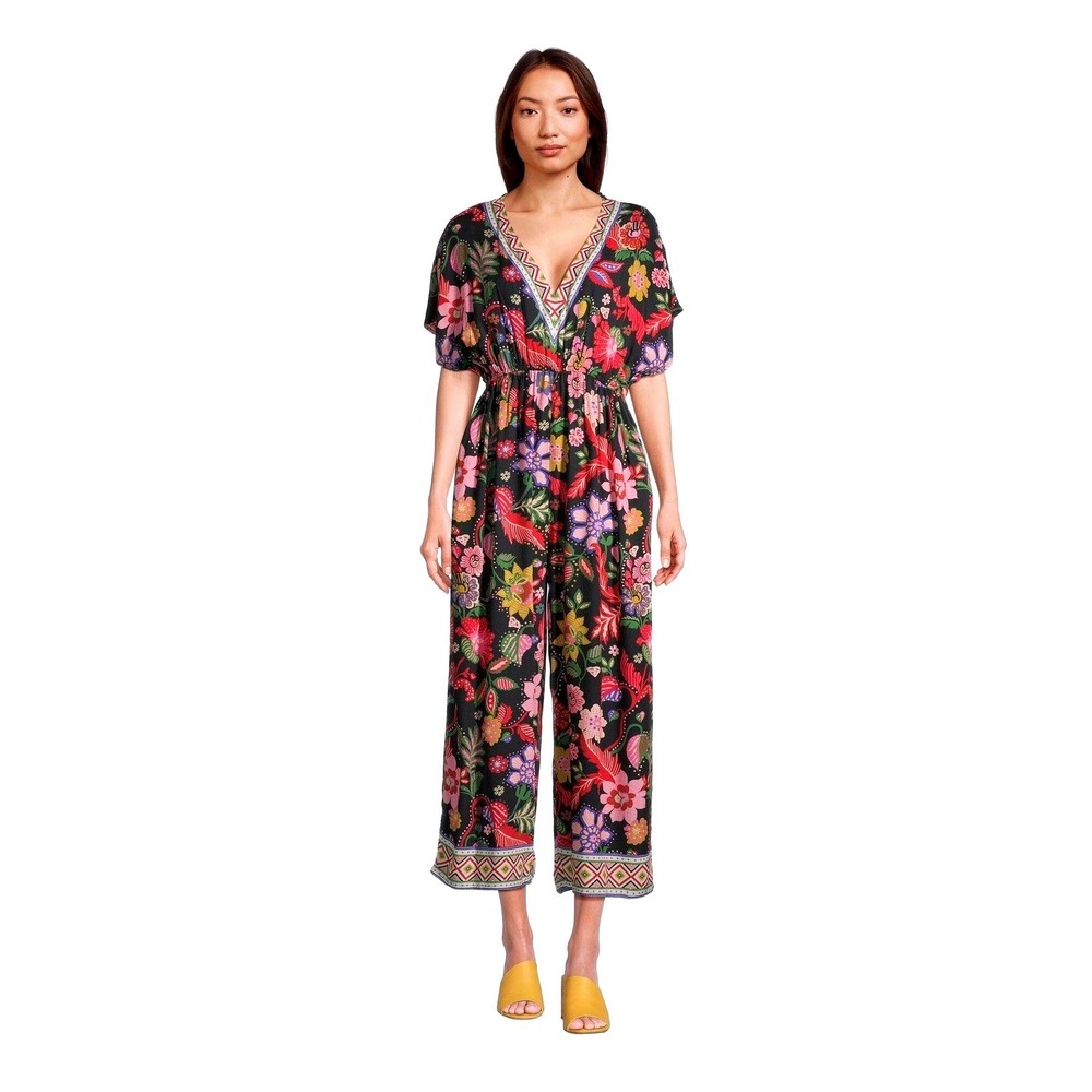 World Market Women's Rayon BOHO Misha Floral Geo Print flare crop jumpsuit XS